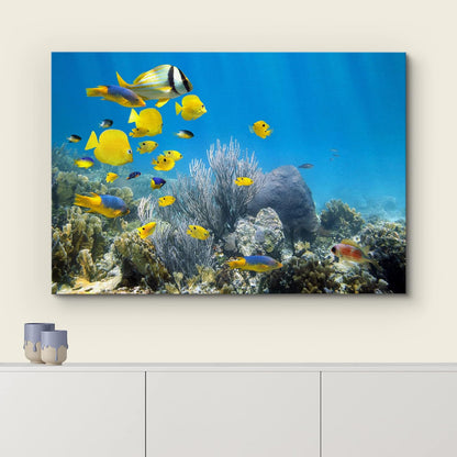wall26 Canvas Print Wall Art Yellow School of Fish with Blue Coral Reef Nature Ocean Photography