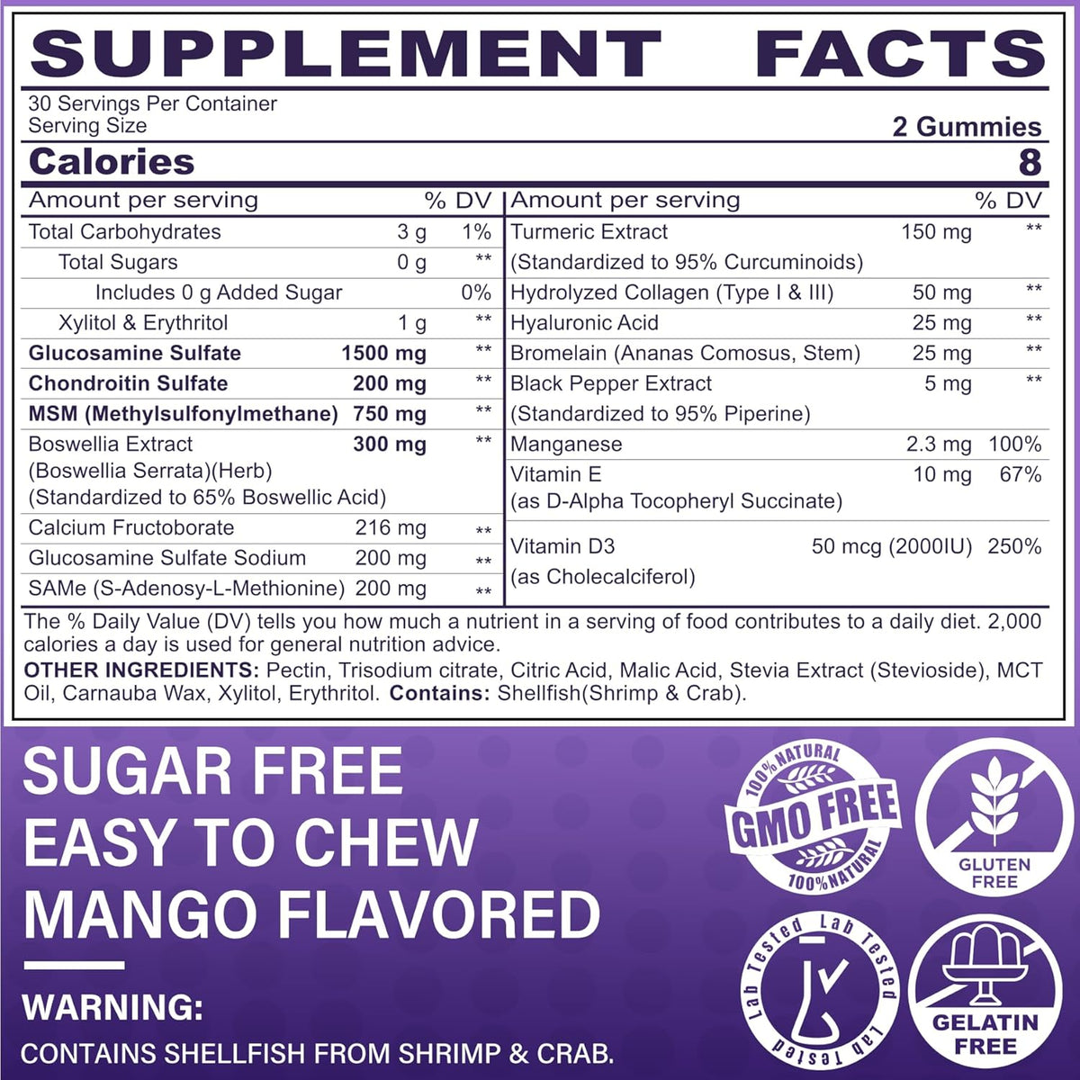 Glucosamine Chondroitin Gummies, Sugar Free Glucosamine Chondroitin MSM Supplement, Extra Strength