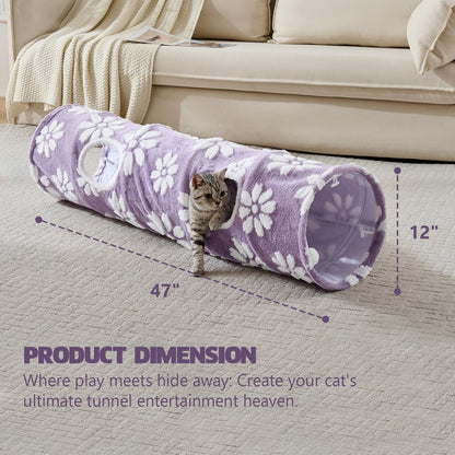 Straight Cat Tunnel for Indoor Cats 47"x12", Cute Cat Toys Collapsible Tunnel Tube with Balls for