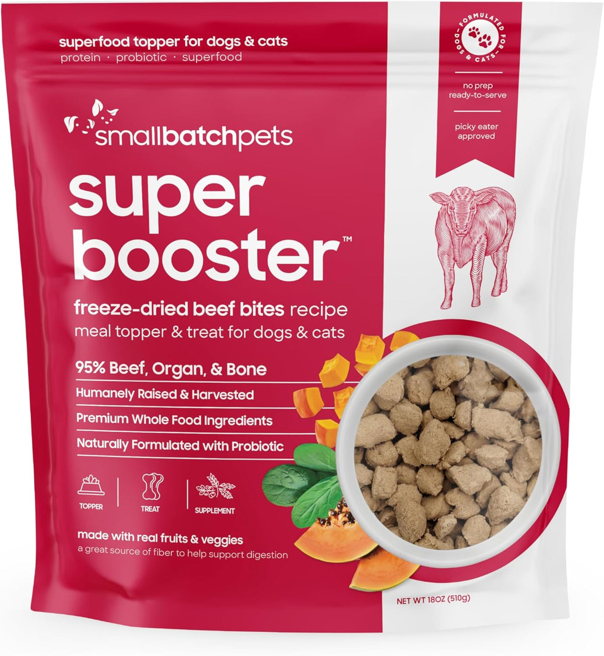 Smallbatch Freeze Dried Dog Treats, Superfood Food Topper Beef Bites for Dogs & Cats, Probiotics