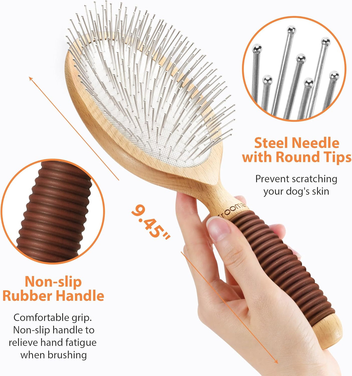Dog Brush for Long Haired Dogs, 27mm Extra Long Pin Brush for Grooming, Shedding - Beech Wood