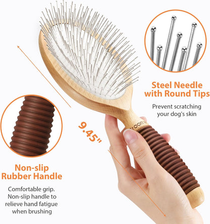 Dog Brush for Long Haired Dogs, 27mm Extra Long Pin Brush for Grooming, Shedding - Beech Wood