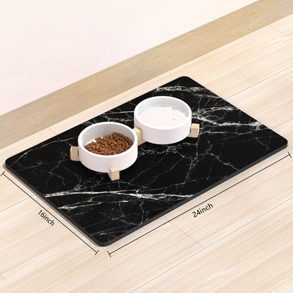 Rnivvi Dog Food Mat, 16" x 24" Marble Absorbent Dog Cat Bowl Mat for Food and Water, Cute Anti-Slip