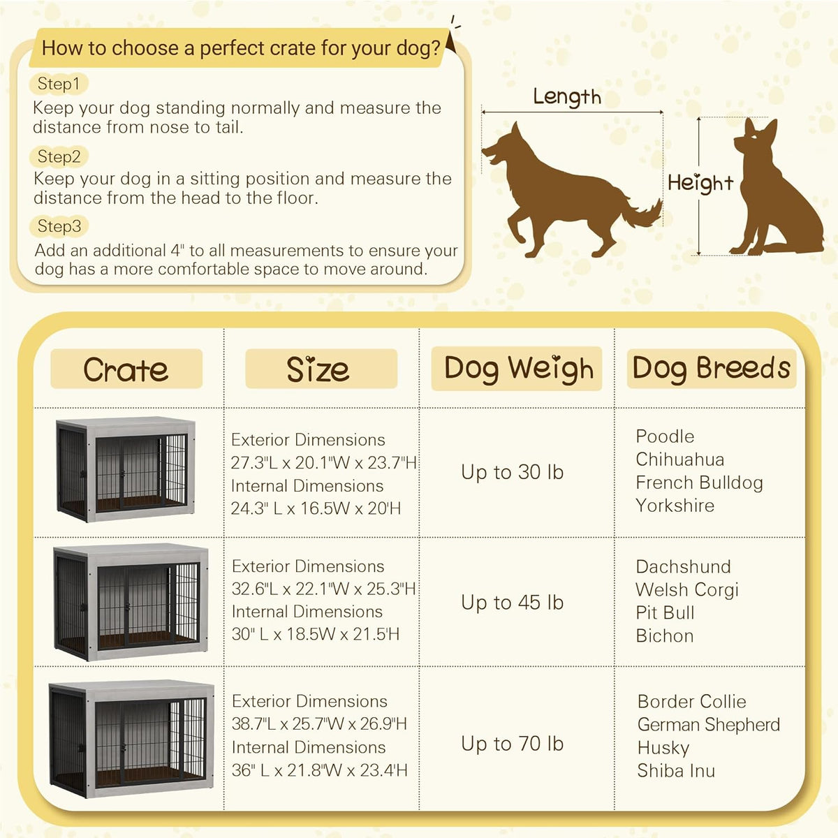Bigrab Dog Crate Furinture with Thick Cushion, Side End Table Wooden Dog Cage with Double Doors