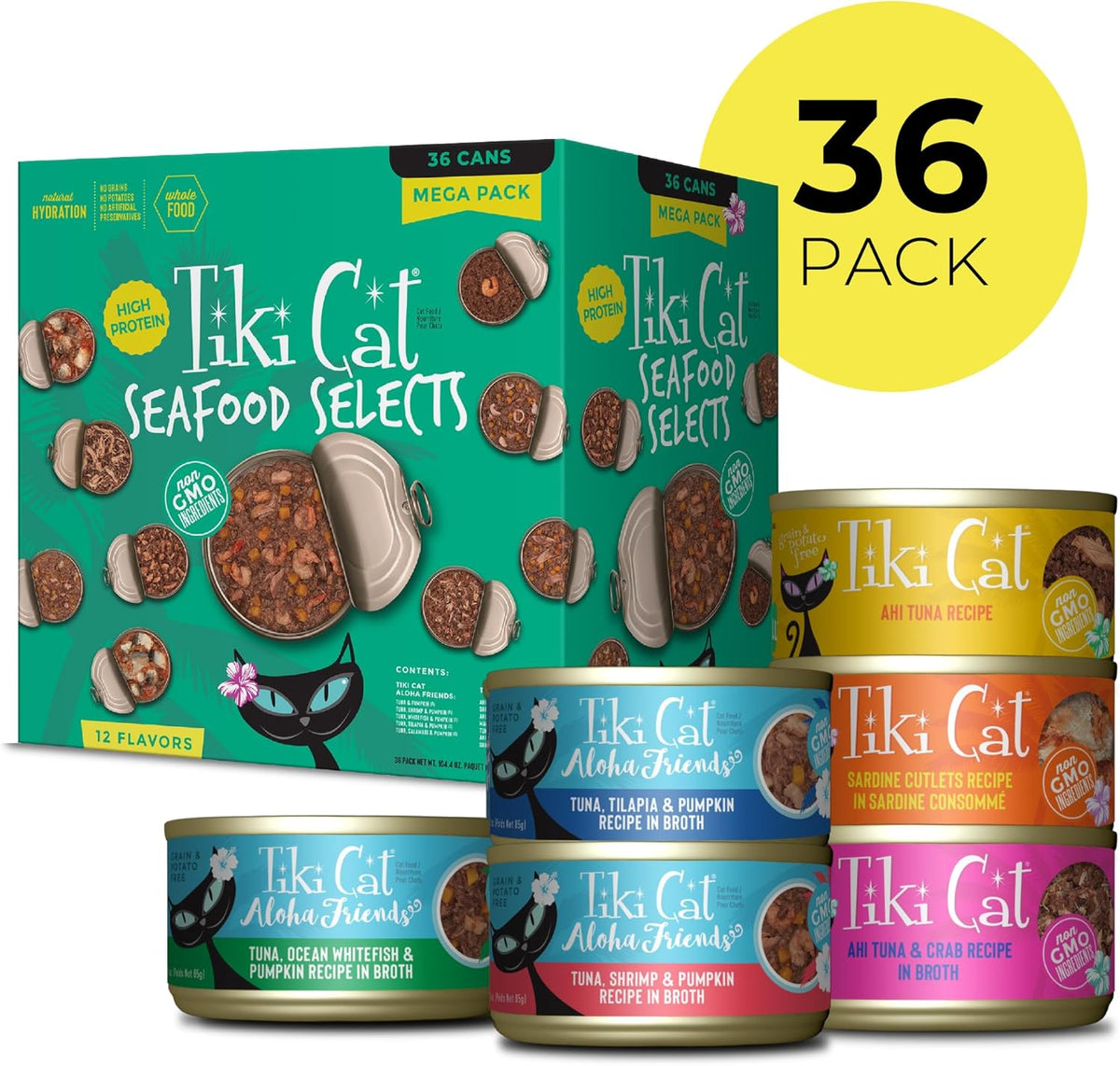 Tiki Cat Seafood Selects, Ultimate Variety Pack, 36 High Protein Servings with Real Flaked Fish