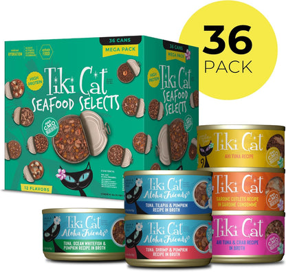 Tiki Cat Seafood Selects, Ultimate Variety Pack, 36 High Protein Servings with Real Flaked Fish