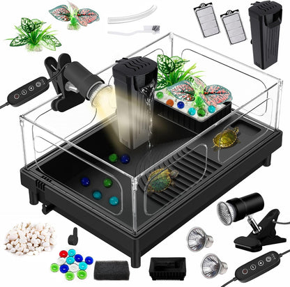 GOZILLA Small Turtle Tank Kit(Tank+Lamp+Filter), Acrylic Turtle Starter Kit with Adjustable Lamp