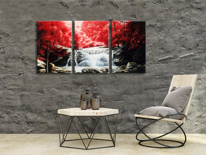 Wieco Art 3 Piece Red Forest Waterfalls Canvas Prints Wall Art for Living Bedroom Room Home