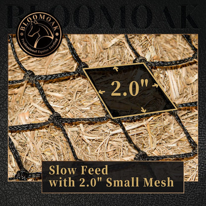 Bloomoak Slow Hay Net Feeder for Horses, Durable Soft Black PE 2String Hay Bales Bags with 2" Hole