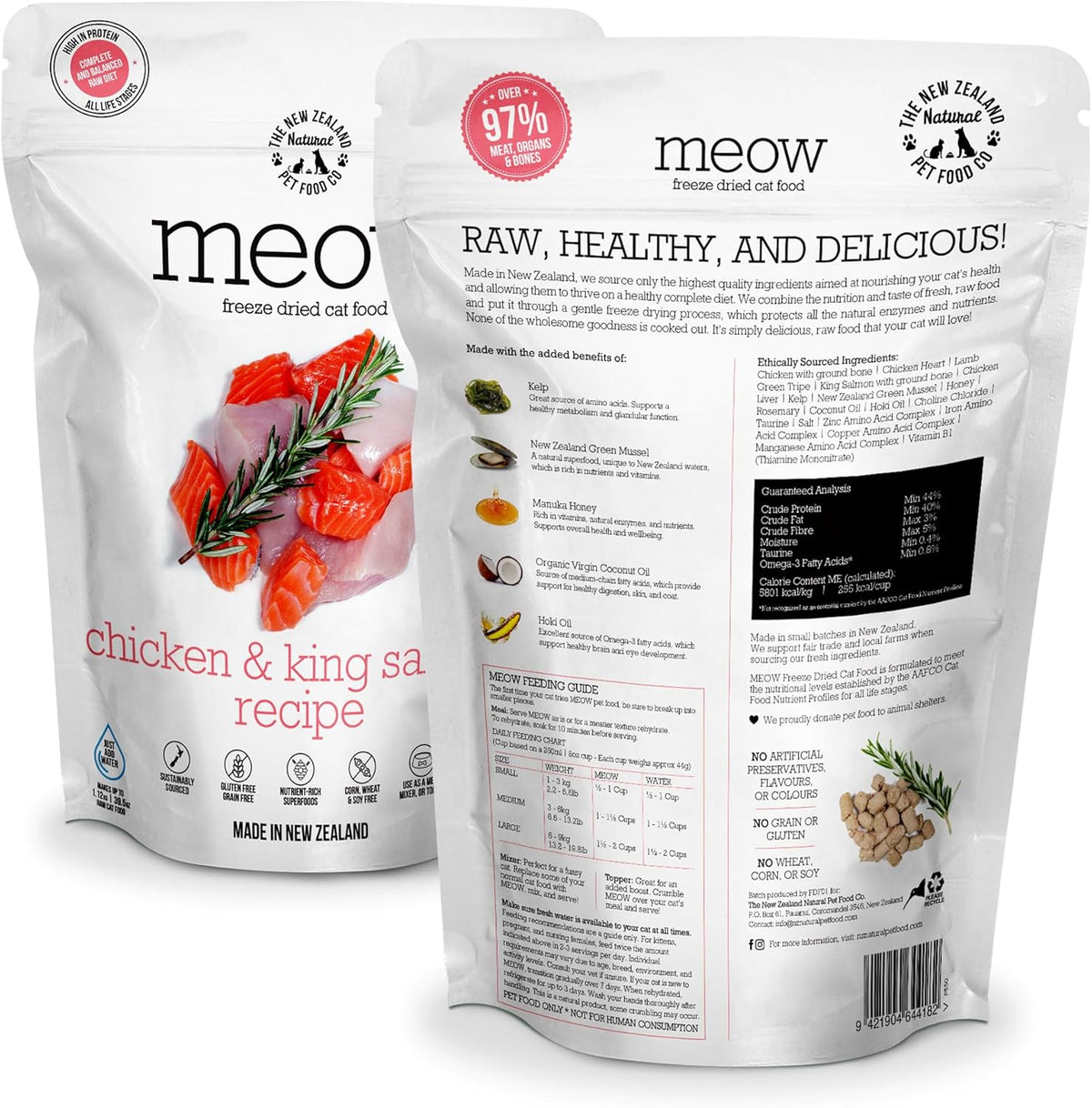 Meow Chicken & King Salmon Freeze Dried Raw Cat Food, Mixer, or Topper, or Treat - High Protein