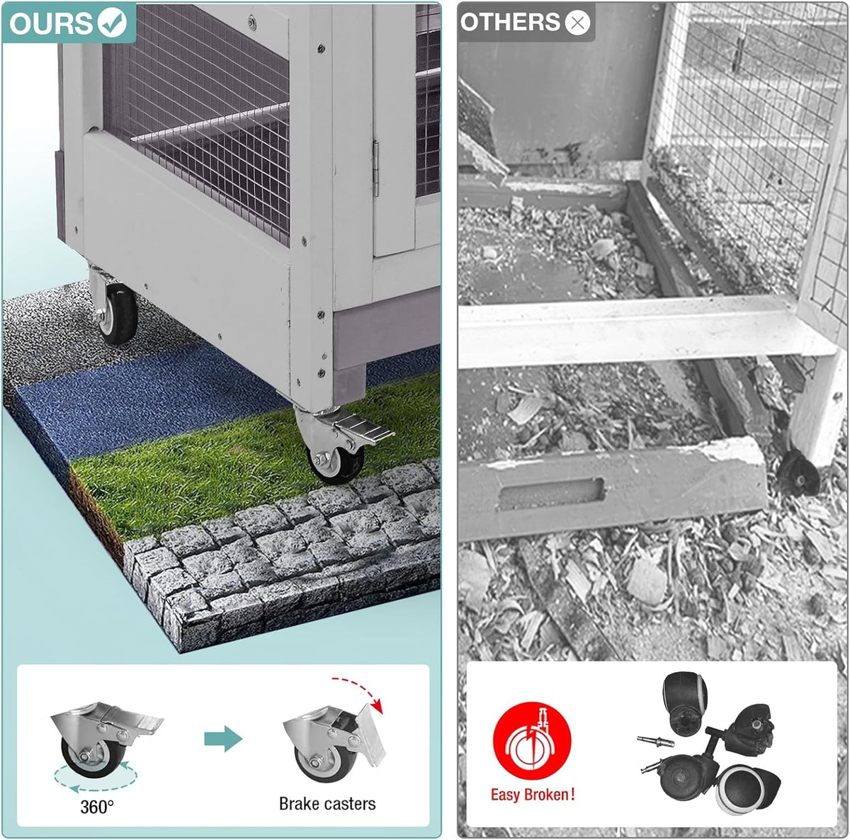 2-Tier Indoor Rabbit Hutch Bunny House Guinea Pig Cage with Sliding Plastic Trays, Wheels & Ramp