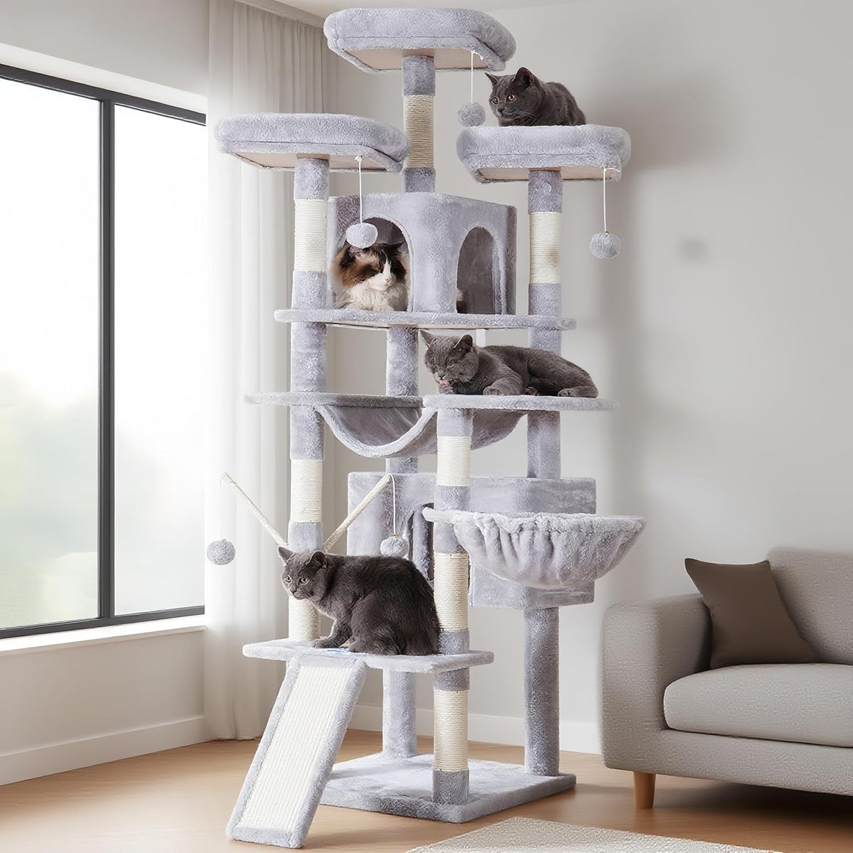 Hey-brother Cat Tree, 71 inches XL Large Cat Tower for Indoor Cats, Multi-Level Cat House with 3