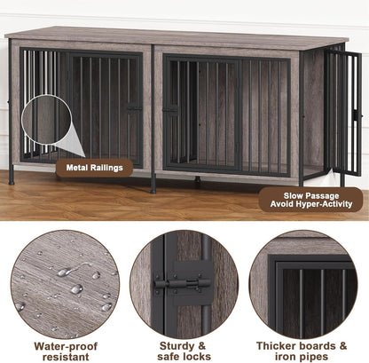 EasyCom 63" Dog Cage Furniture for 2 Pets with Divider, XL Wooden Double Dog Crate Furniture TV