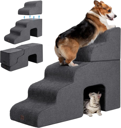 Dog Stairs for High Beds with Tunnel, 5-Step Dog Steps for Small Dogs and Cats, Foldable Pet Stairs