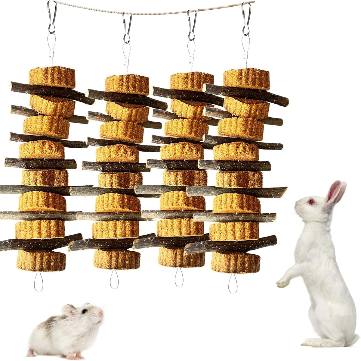kathson Natural Small Animal Chew Toys for Teeth,4 PCS Rabbit Hanging Chewing Treats with Natural