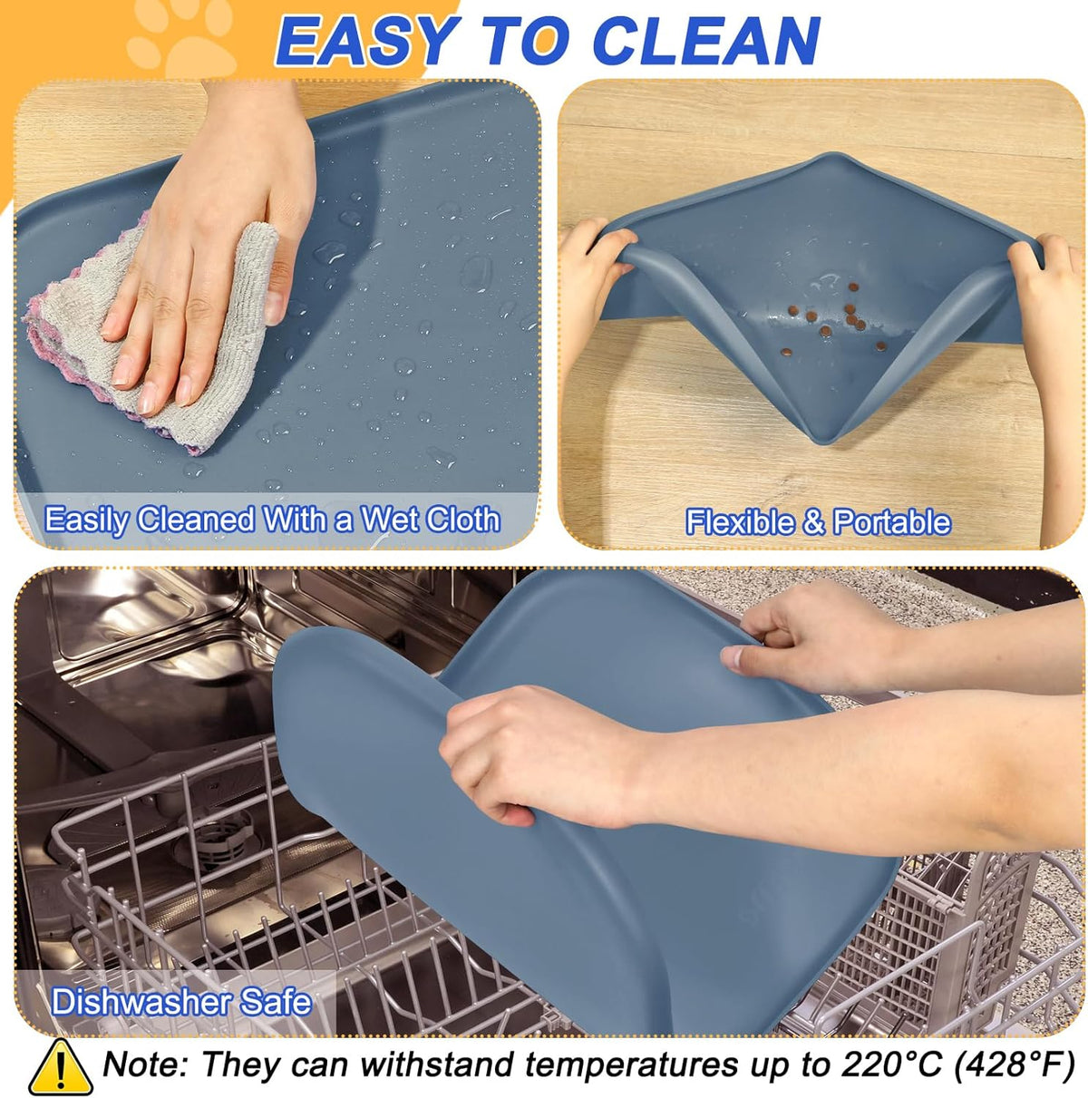 Silicone Pet Feeding Mat with Raised Edge for Food and Water, Dog Bowl Mats, Cat Bowls Placemat