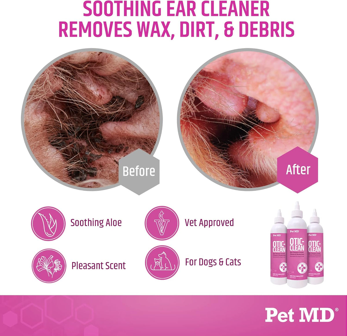 Pet MD Otic Clean Dog Ear Cleaner for Cats and Dogs - Effective Against Infections, Itching, and