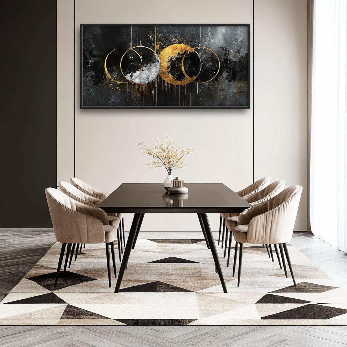 Quorin Abstract Sun Moon Large Wall Art Black and Gold Circle Pictures Sun and Moon Wall Decor