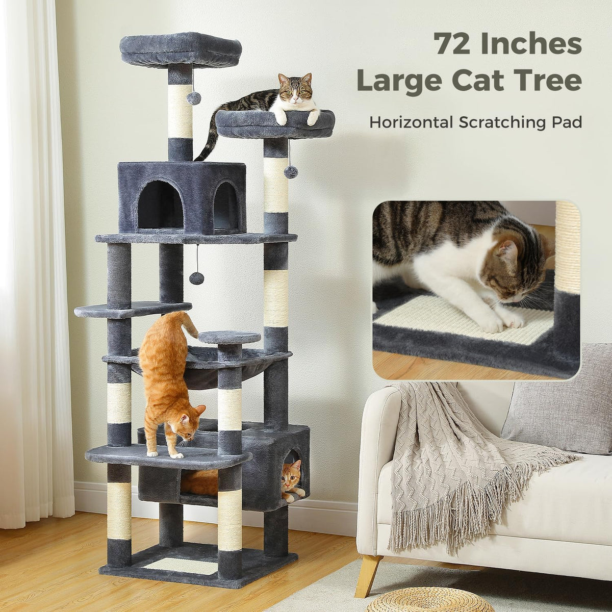 PAWZ Road Large Cat Tree, 72 Inches Cat Tower for Large Cats, Cat Condo with Sisal-Covered