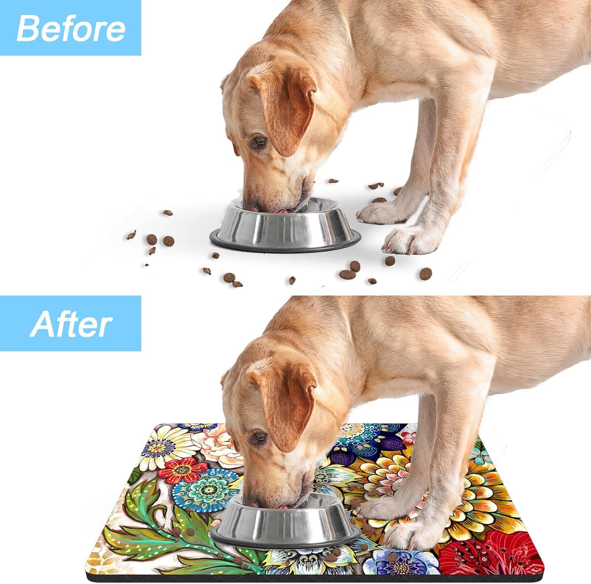 Rnivvi Dog Food Mat, 16" x 24" Flower Absorbent Dog Cat Bowl Mat for Food and Water, Cute Anti-Slip