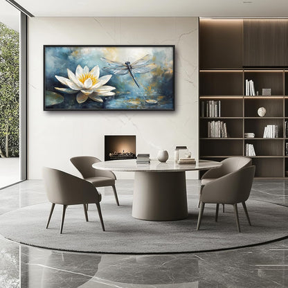 Extra Large Lotus Dragonfly Framed Wall Art for Living Room,Abstract Blue Lotus Flower Lake