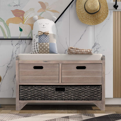 Storage Bench Removable Basket 2 Drawers Fully Assembled Acacia Wood Shoe Bench Standing Shoe Rack