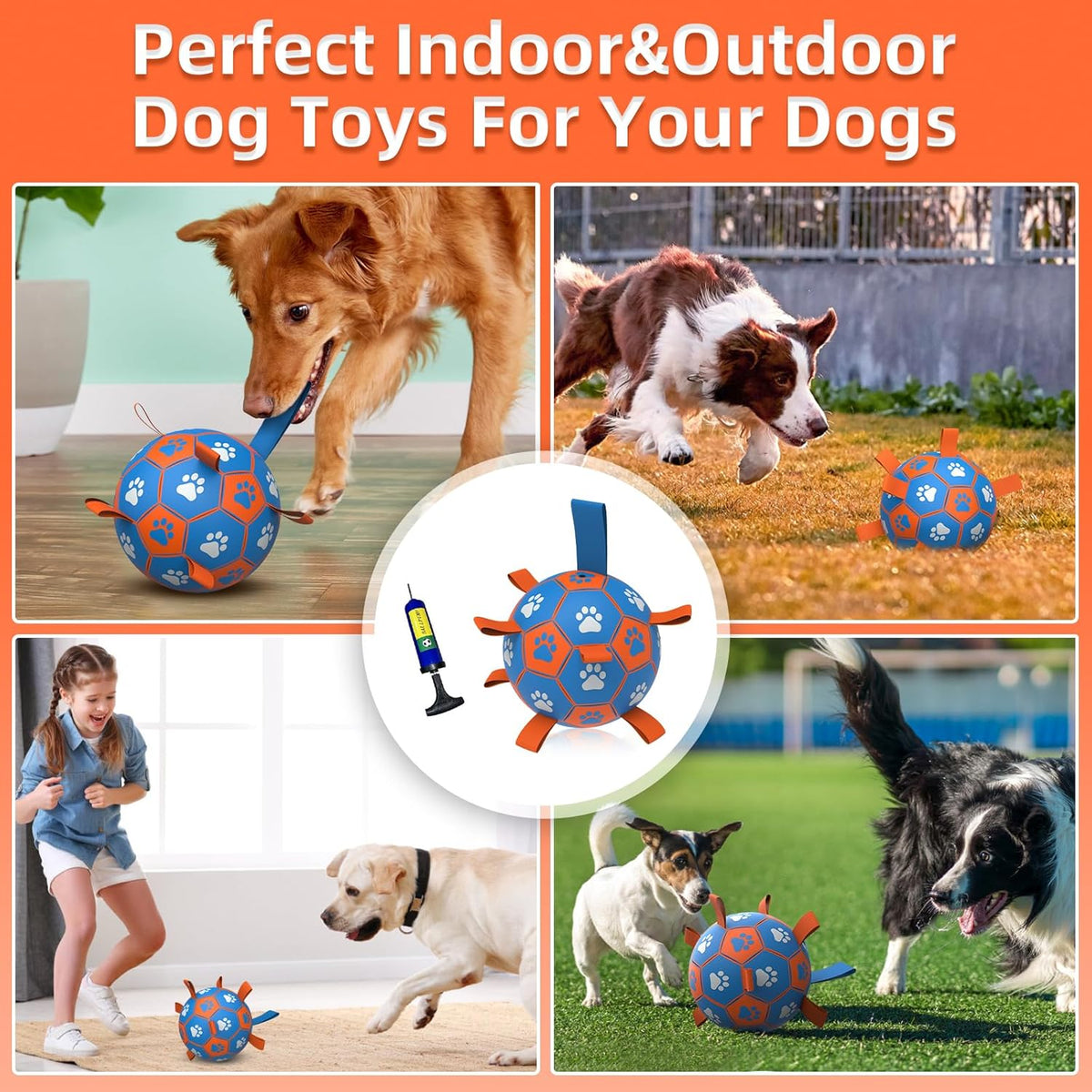 QDAN Dog Ropes Toys Soccer Ball with Straps, Puppy Birthday Gifts, Tug Toy, Durable Dog Balls for
