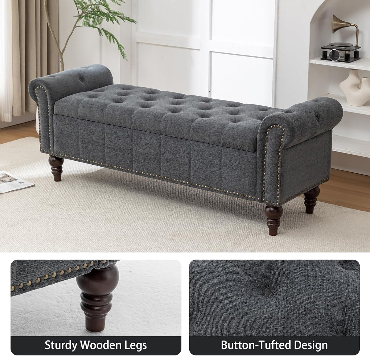58’’ Storage Bench for Bedroom, Upholstered Button-Tufted Ottoman with Solid Wood Legs, Large End