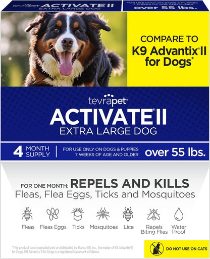 TevraPet Activate II Flea and Tick Prevention for Dogs | 4 Count | Extra Large Dogs 55+ lbs |