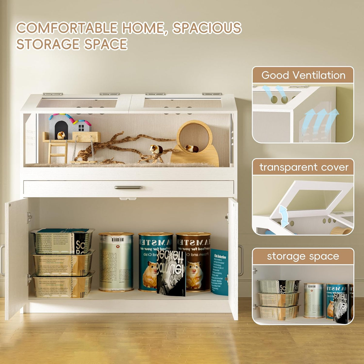 Hamster Cage with Storage Cabinet, Guinea Pig Cage for Small Animals, Large Hamster Cage and
