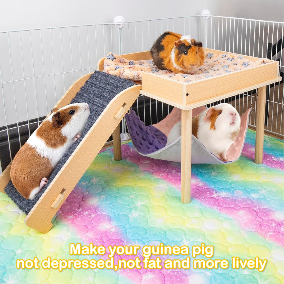 Enlarged Guinea Pig Hammock with Platform and Stairs,Wooden Small Animal Hideout for Guinea Pigs