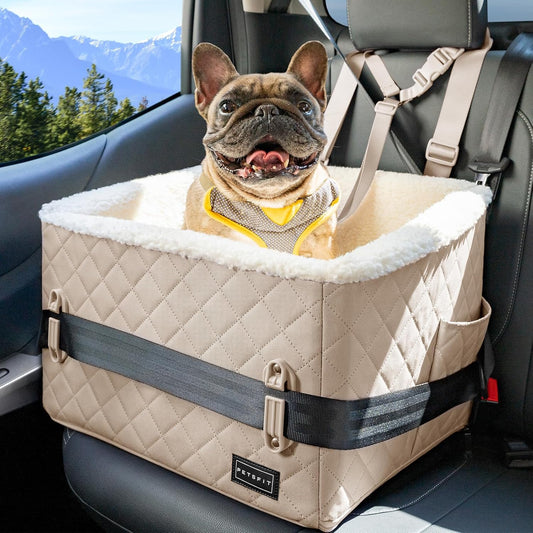 PETSFIT Small Dog Booster Car Seat, Soft Foam Puppy Carseat with Patented Safety Buckles, Storage