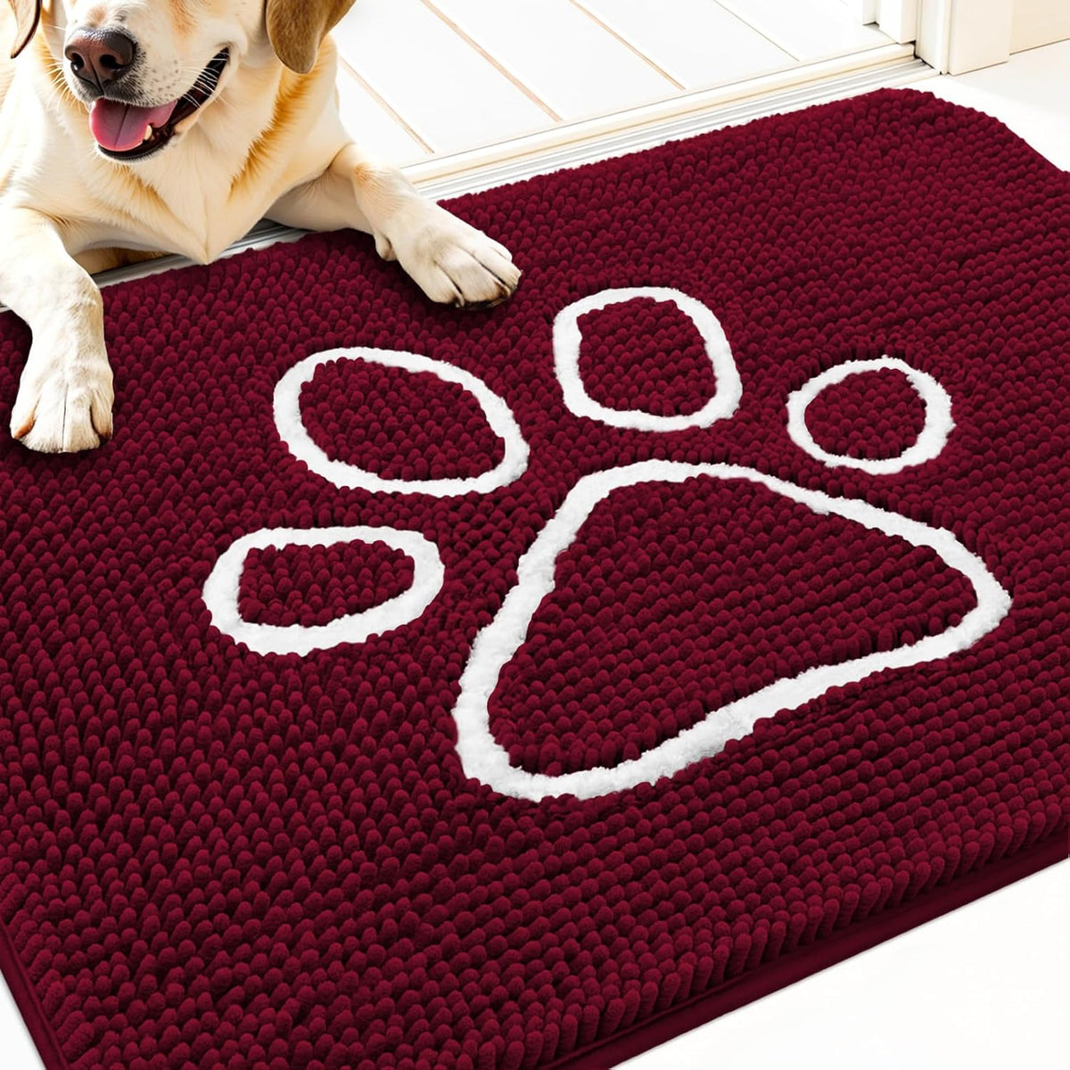 OLANLY Door Mat for Muddy Dog Paws 30x20, Ultra Absorbent Chenille Mud Doormat with Paw Print