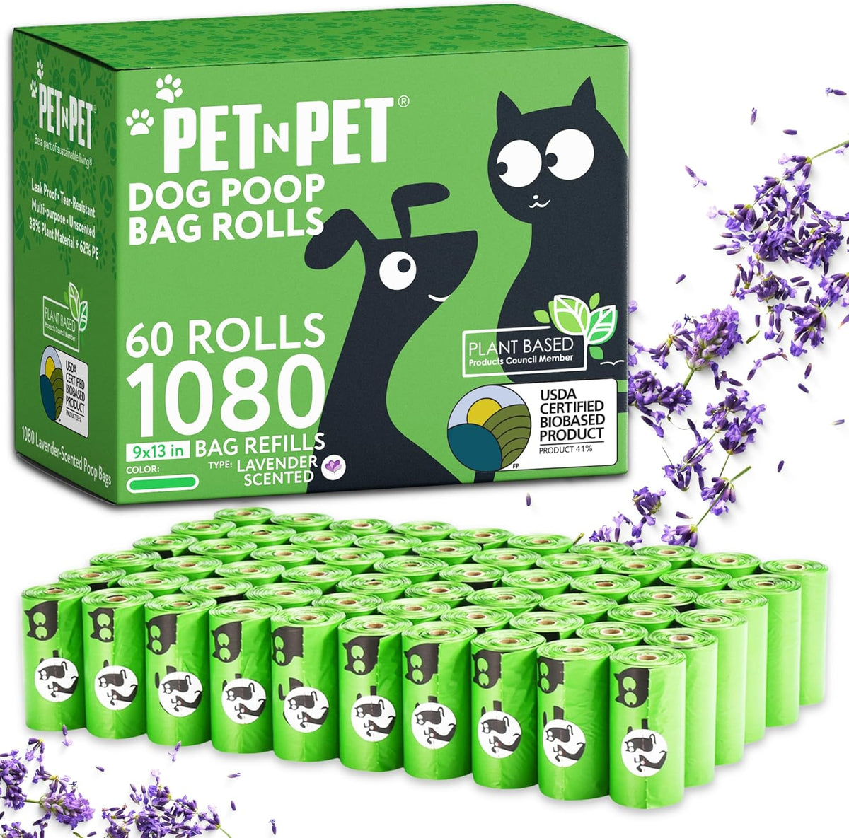 Pet N Pet 1080 Counts Green Poop Bags for Dogs, 41% Plant Based & 59% PE Extra Thick Dog Poop Bags