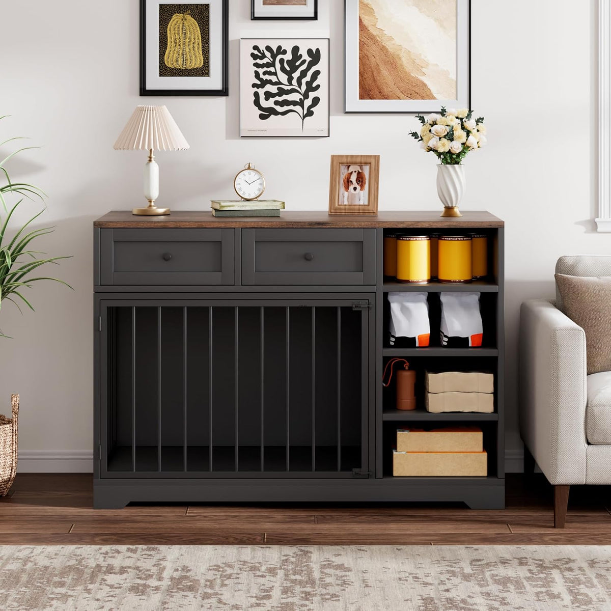 Dog Crate Furniture 47", Large Dog Crate TV Stand with 2 Drawers and 4 Shelves, Wooden Dog Kennel