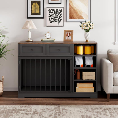 Dog Crate Furniture 47", Large Dog Crate TV Stand with 2 Drawers and 4 Shelves, Wooden Dog Kennel