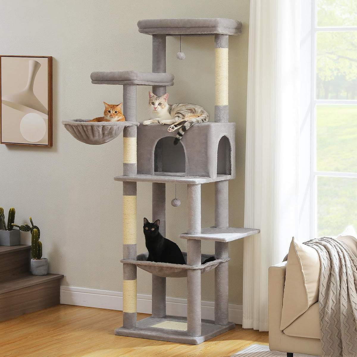 PAWZ Road Tall Cat Tree, 73 Inches Large Cat Tower with Large Padded Perch,2 Spacious Hammocks,8