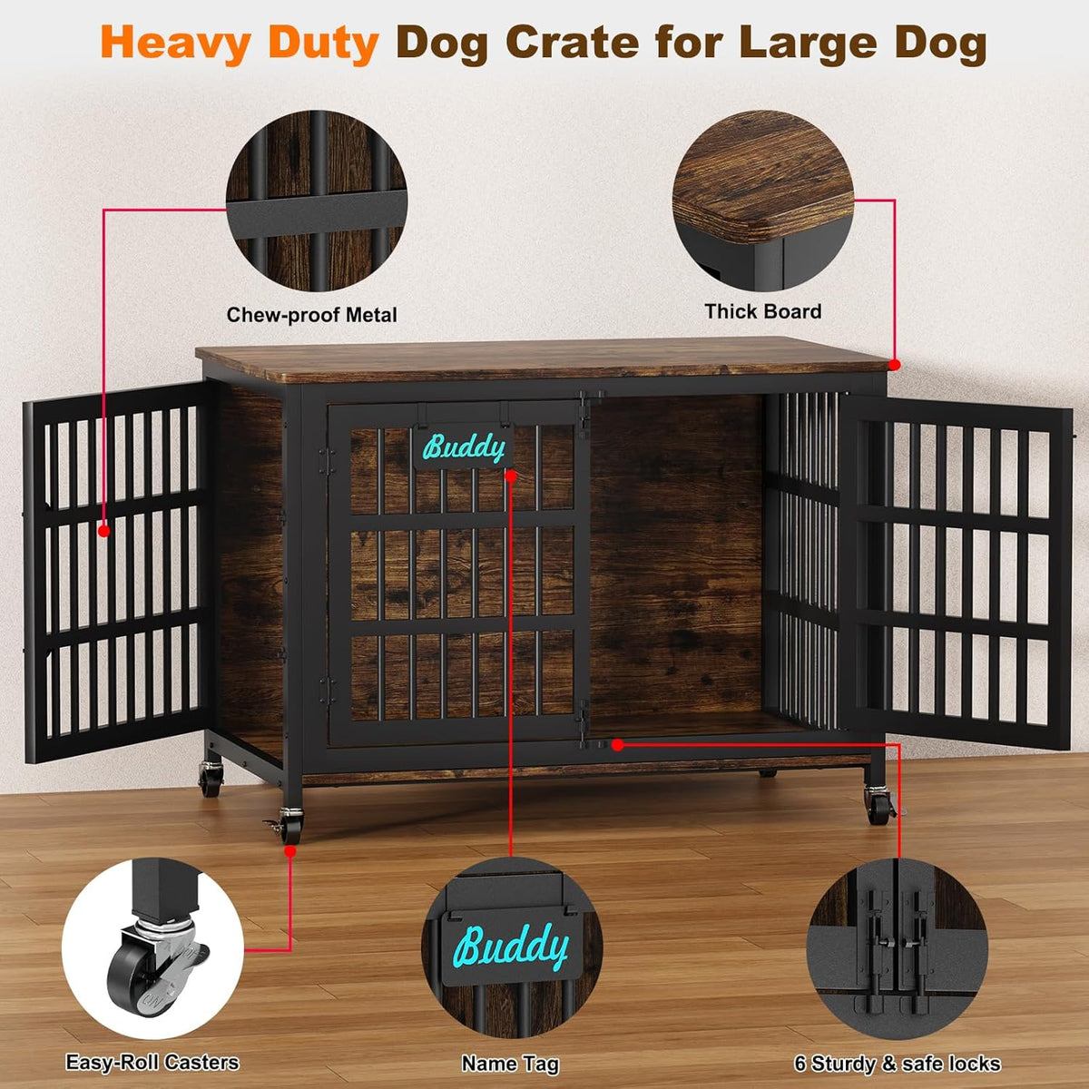 EasyCom 48"/42"/33" Dog Crate Furniture with Name Tag, Heavy Duty Dog Kennel Indoor for Large Dogs