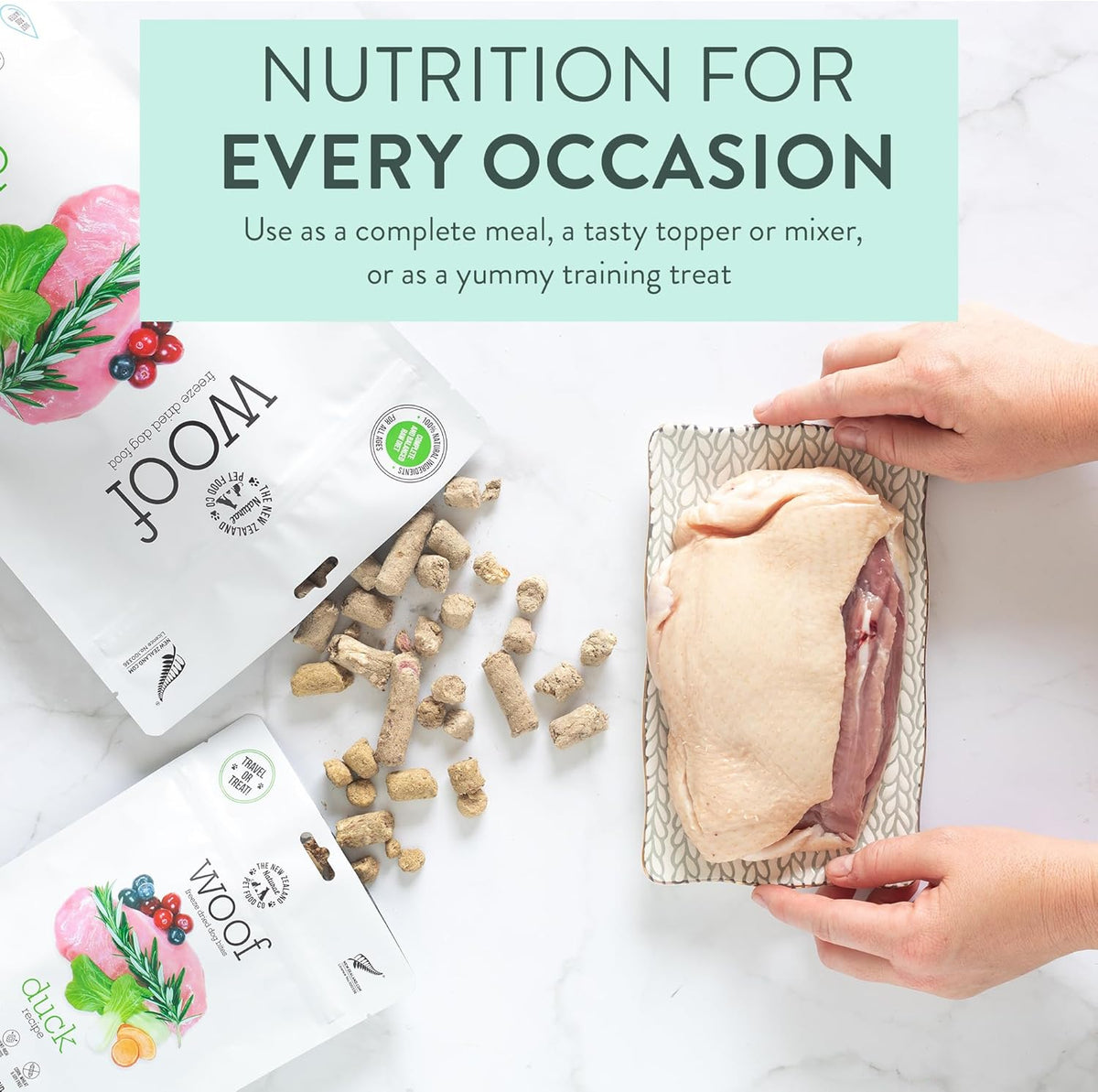 WOOF Duck Freeze Dried Raw Dog Food, Mixer, or Topper, or Treat - High Protein, Natural, Limited