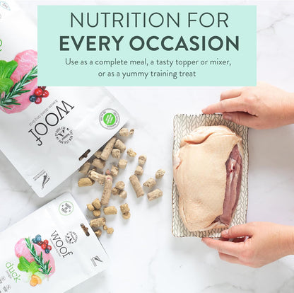 WOOF Duck Freeze Dried Raw Dog Food, Mixer, or Topper, or Treat - High Protein, Natural, Limited
