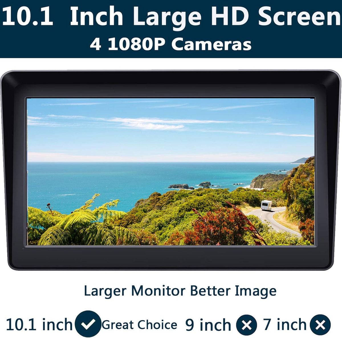 10.1" 1080P Backup Camera Monitor & Built-in DVR for RV Truck Trailer Rear Side Front Reversing