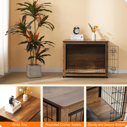 DWANTON Dog Crate Furniture with Cushion, Wooden Kennel Table with Double Doors, Indoor Dog House