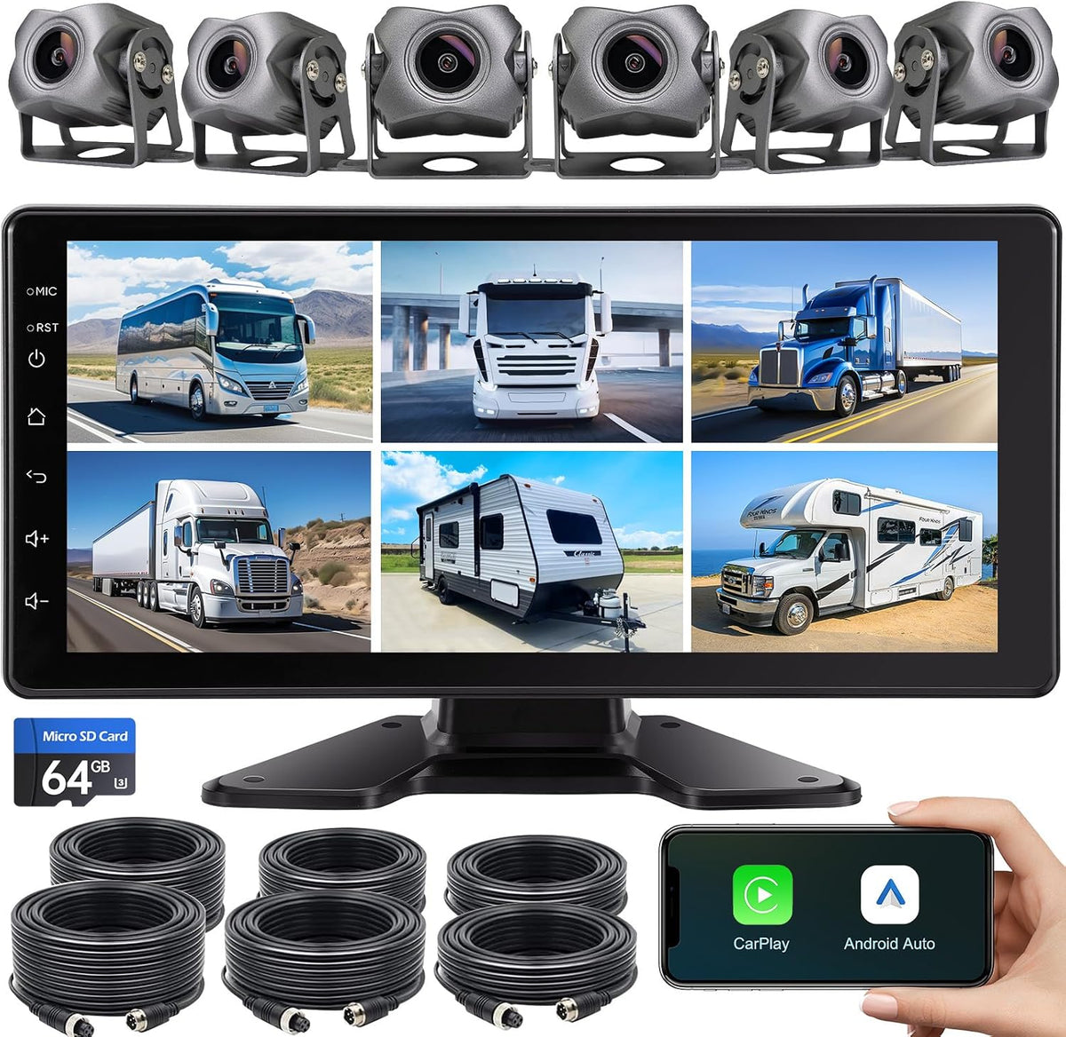 6-Channel 1080P Dash Cam Backup Camera System with 10.33 Inch Touch Screen Parking Monitor, Back Up