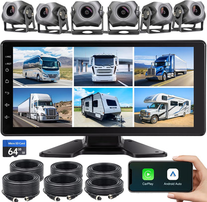6-Channel 1080P Dash Cam Backup Camera System with 10.33 Inch Touch Screen Parking Monitor, Back Up