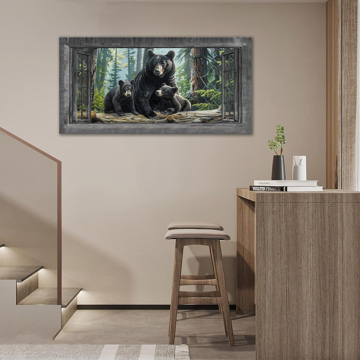 Large Wall Art Black Bear Canvas Cabin Living Room Pictures Prints Forest Oversize Wall Decor