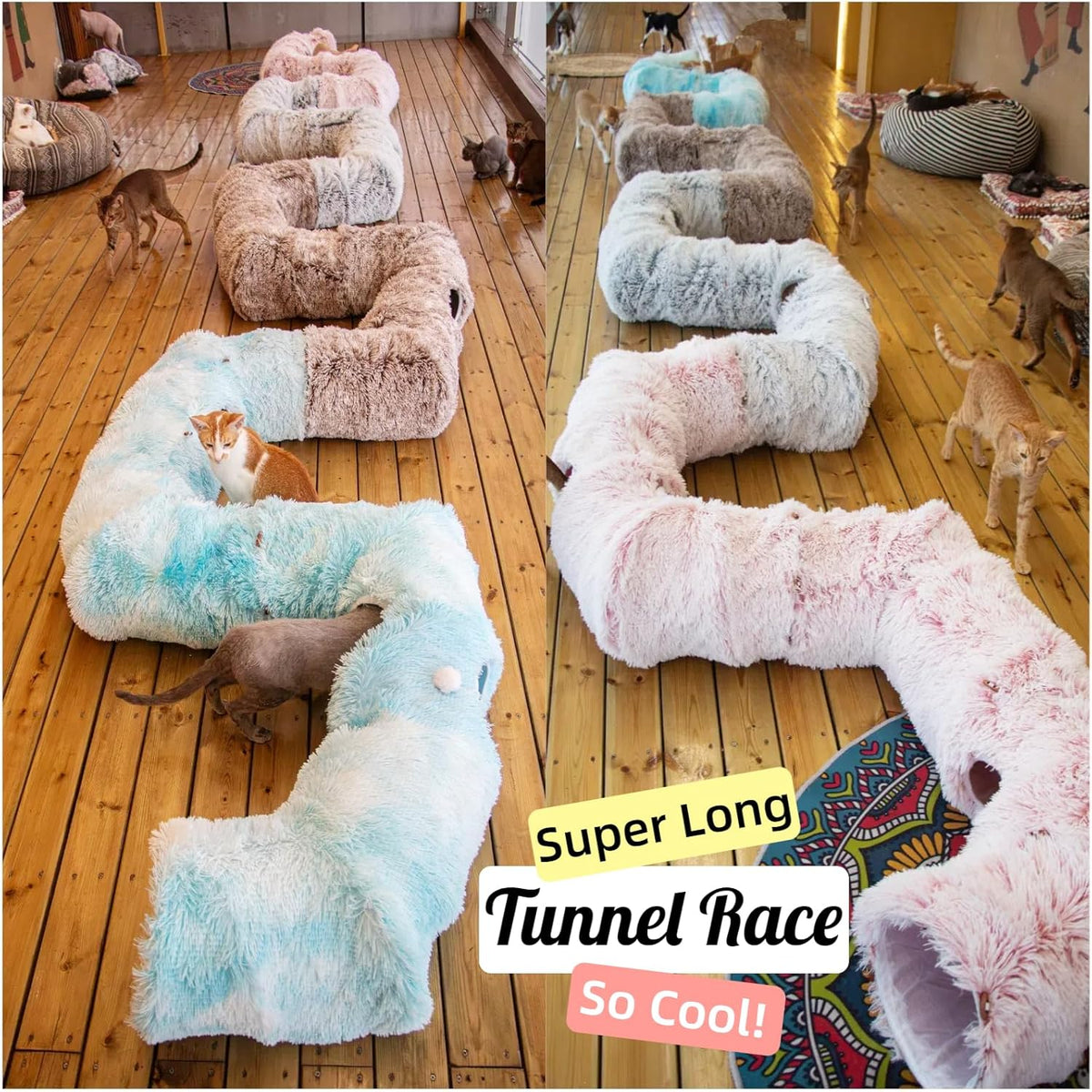 XxingSheep 4 Cave Shuttled XL Cat Tunnel Bed for Indoor Cats Peekaboo Toy Donut with Warm Mat