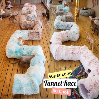 XxingSheep 4 Cave Shuttled XL Cat Tunnel Bed for Indoor Cats Peekaboo Toy Donut with Warm Mat