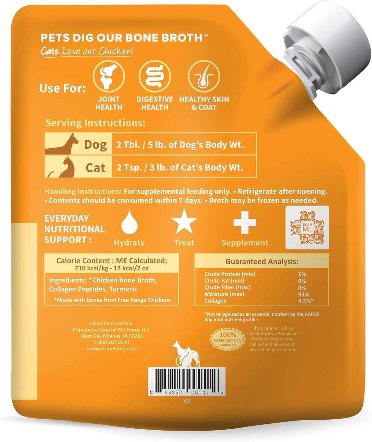 Primalvore Free-Range Bone Broth for Dogs &Cats, Mobility Formula w/Collagen Peptides to Help