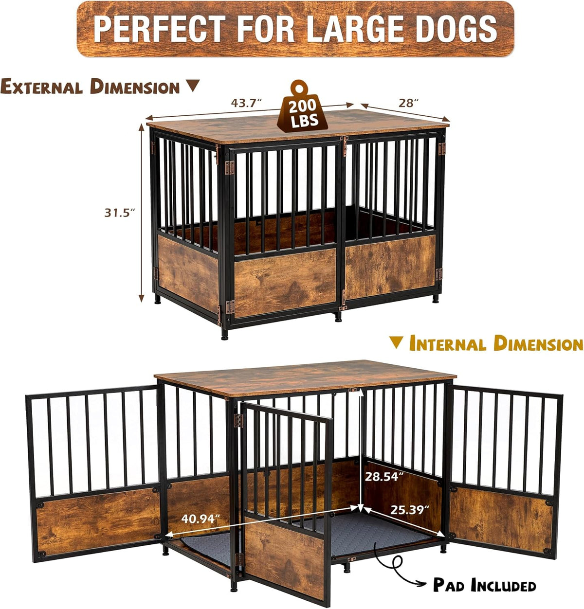 KOOPRO 43.7" Inch Dog Crate Furniture with Cushion for Large Dogs, Wooden Heavy Duty Dog Kennel