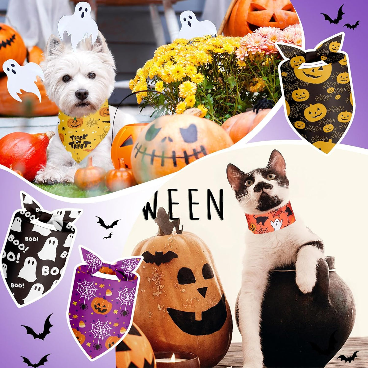 100 Pieces Halloween Dog Bandanas Bulk Pumpkin Ghost Bandanas for Dogs Soft Triangle Bibs